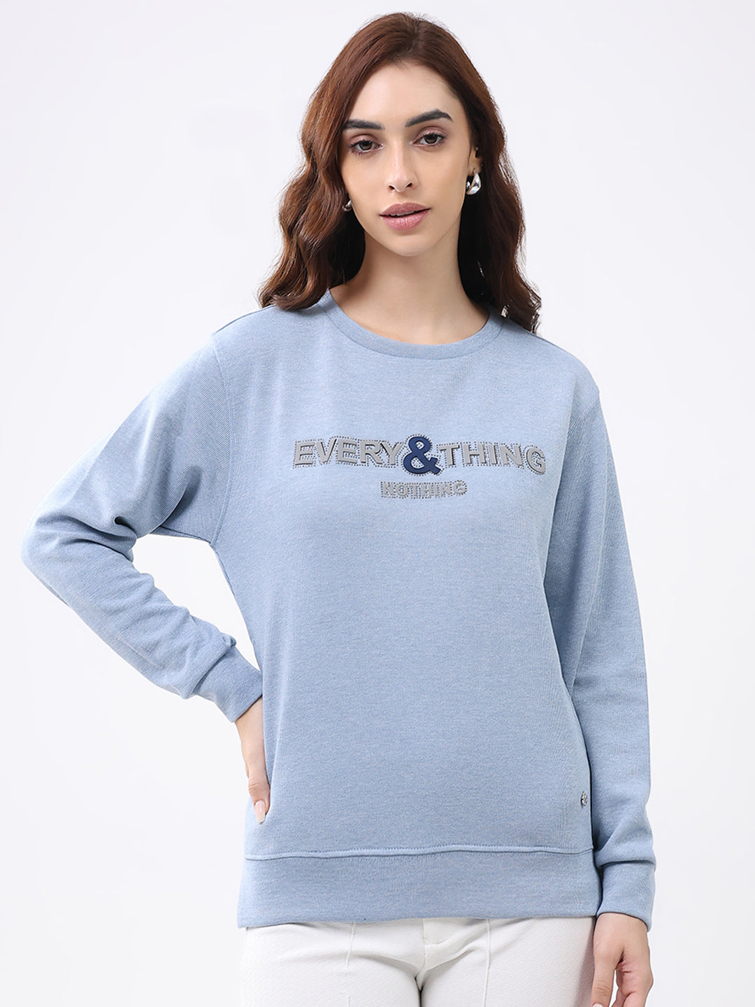 Women Blue Printed Round Neck Full Sleeve Winter Top