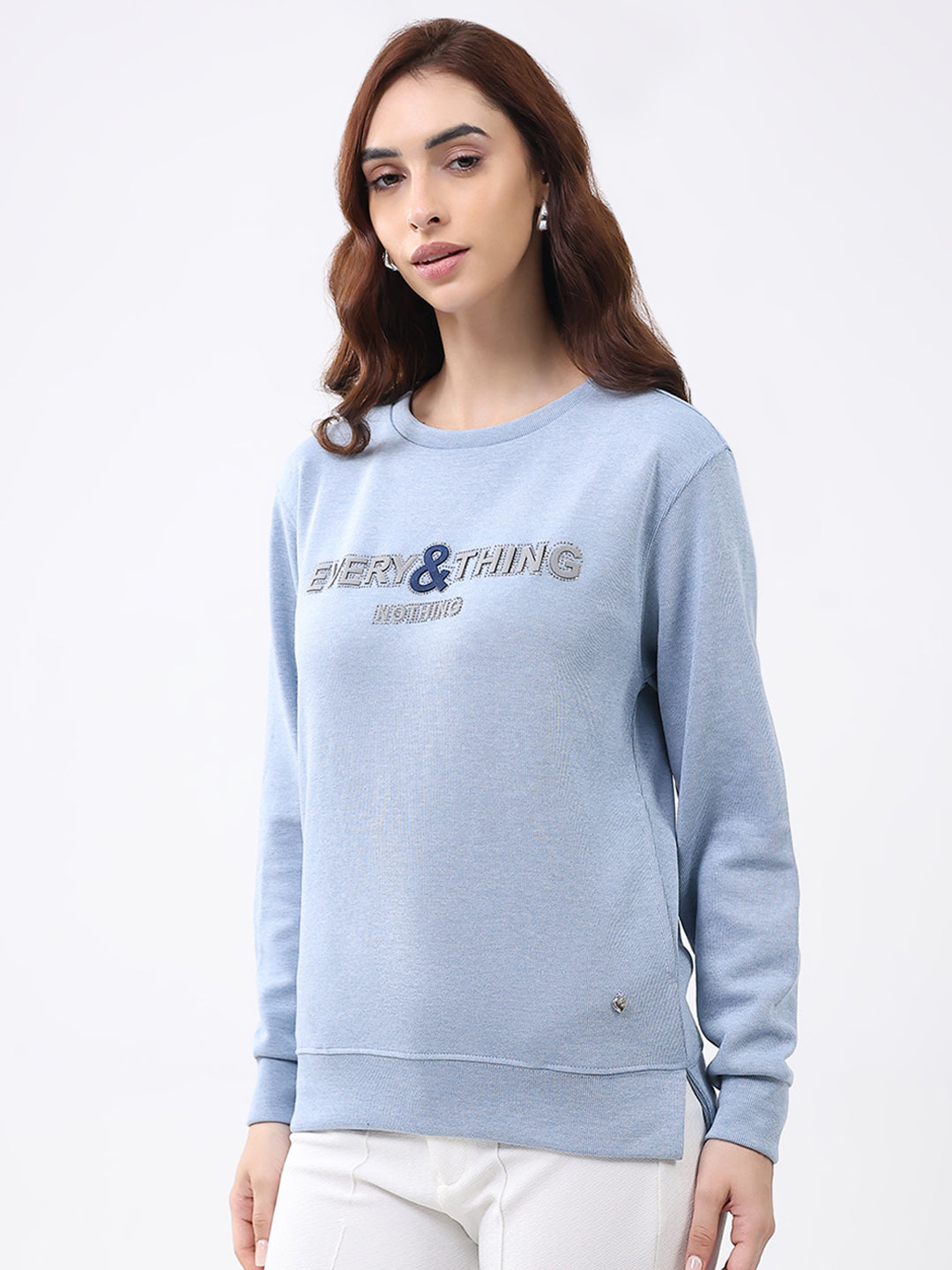 Women Blue Printed Round Neck Full Sleeve Winter Top