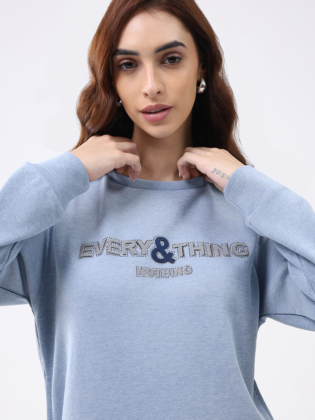 Women Blue Printed Round Neck Full Sleeve Winter Top