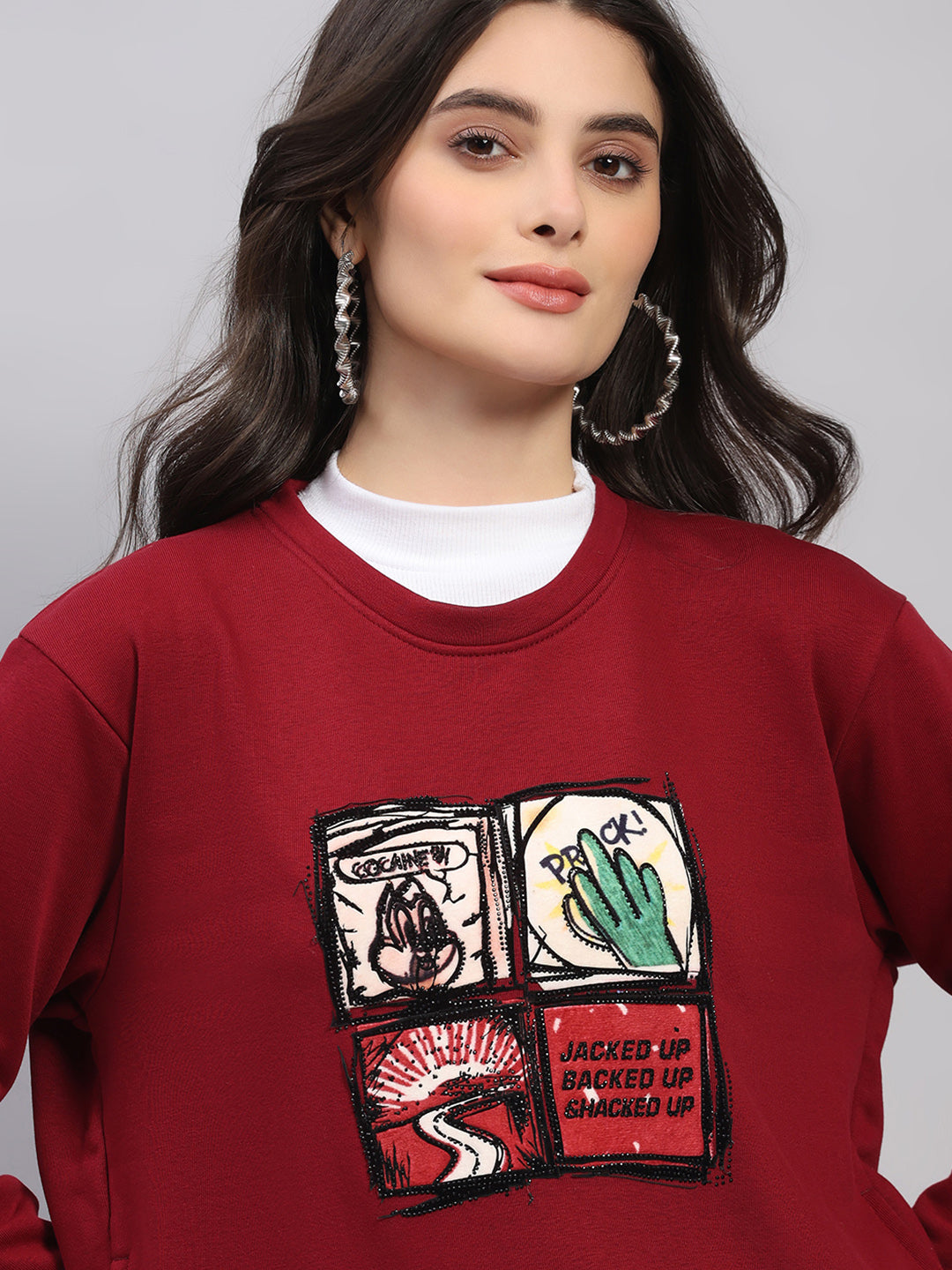 Women Maroon Printed Round Neck Full Sleeve Winter Top