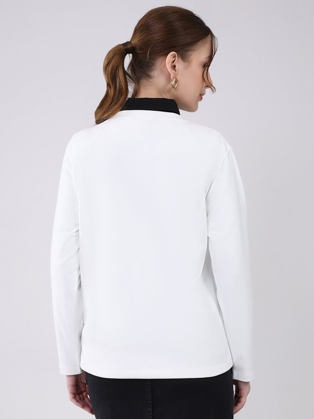 Women Off White Printed Round Neck Full Sleeve Winter Top