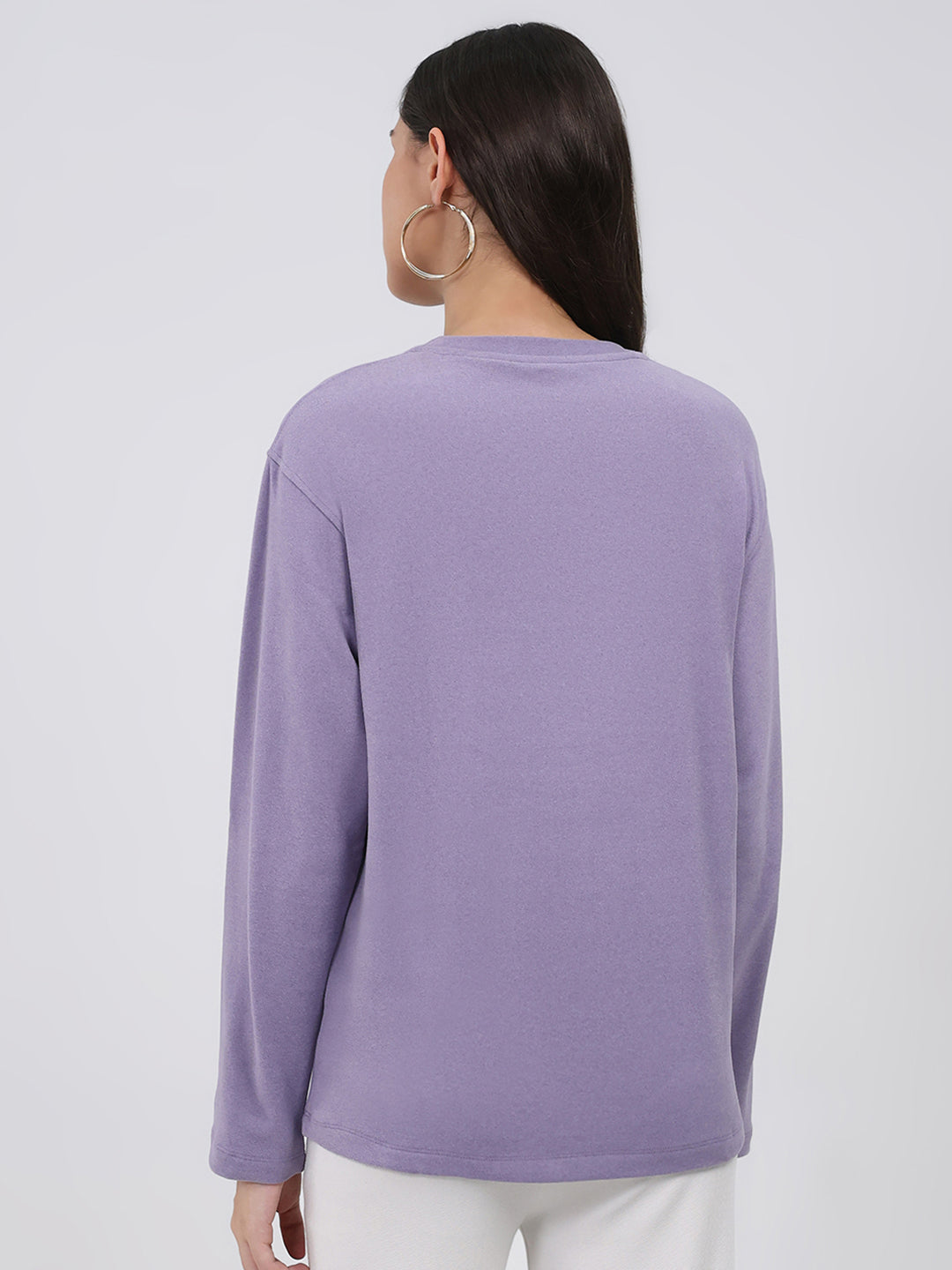 Women Purple Printed Round Neck Full Sleeve Winter Top