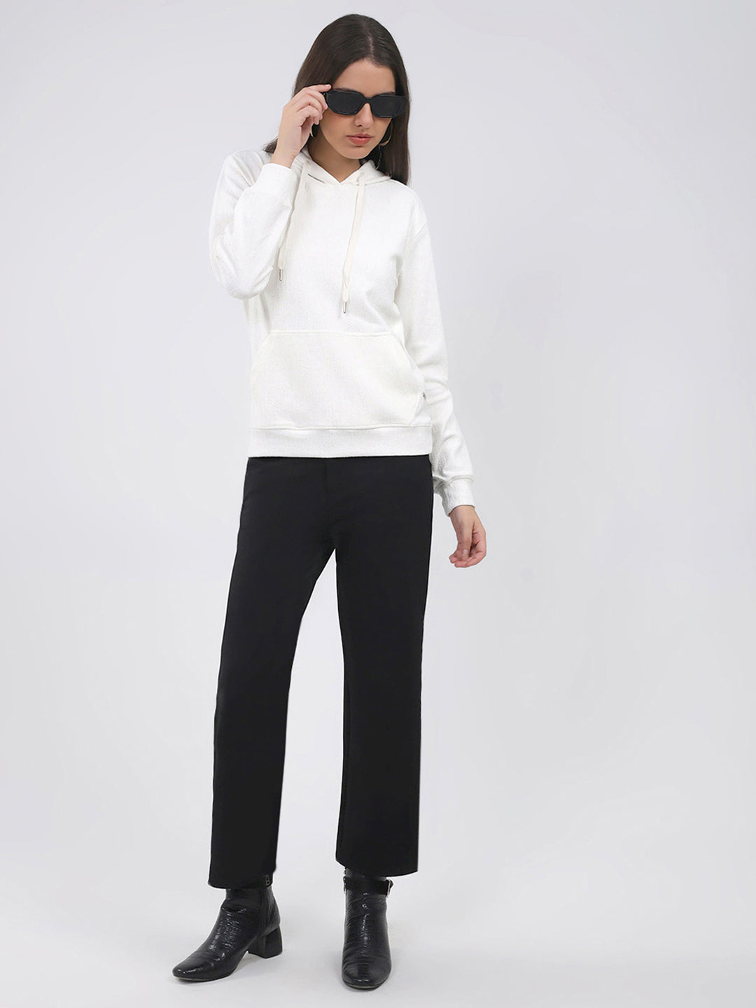 Women White Printed Hooded Full Sleeve Winter Top