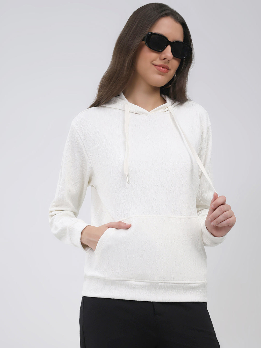 Women White Printed Hooded Full Sleeve Winter Top