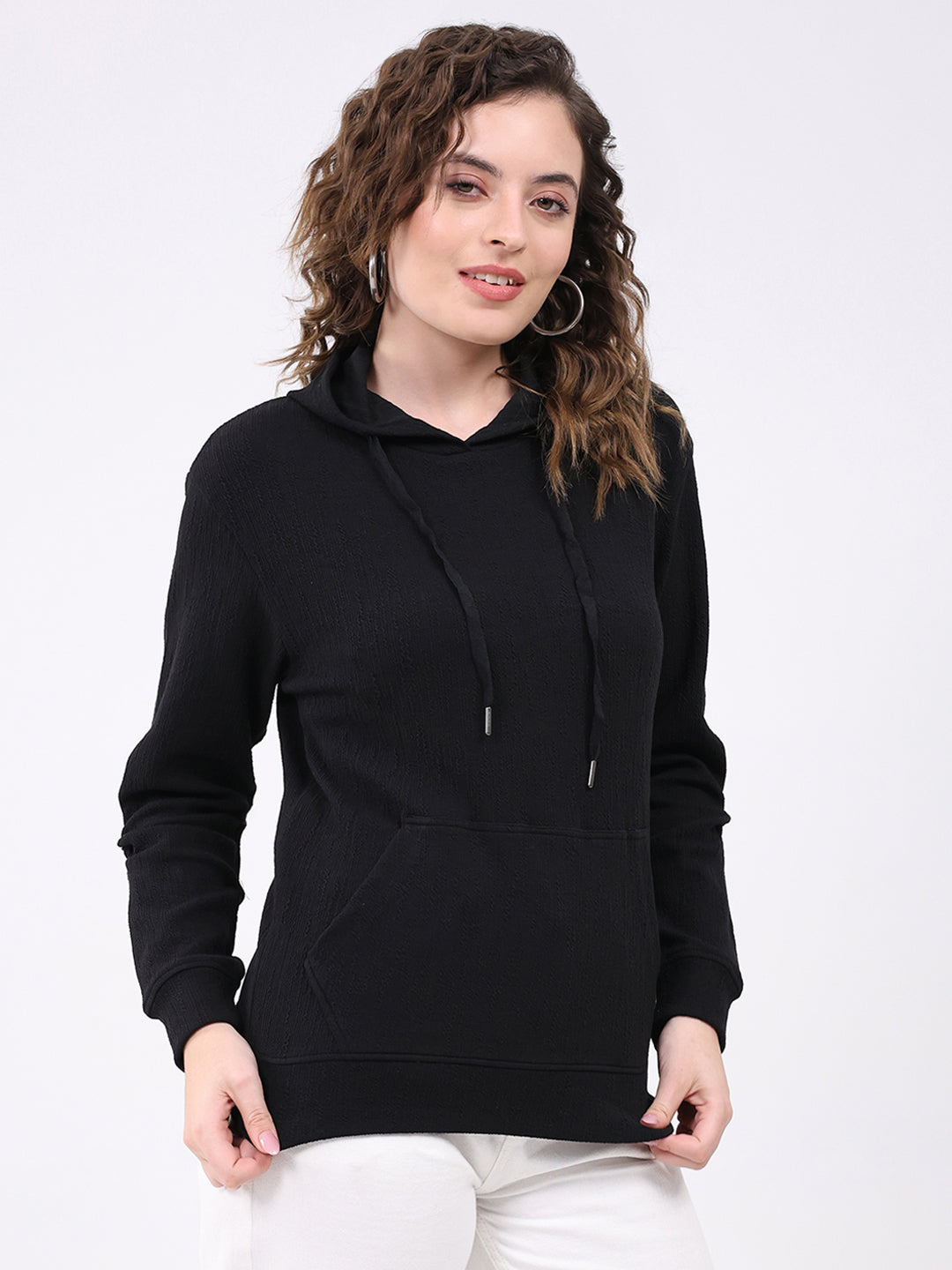 Women Black Printed Hooded Full Sleeve Winter Top