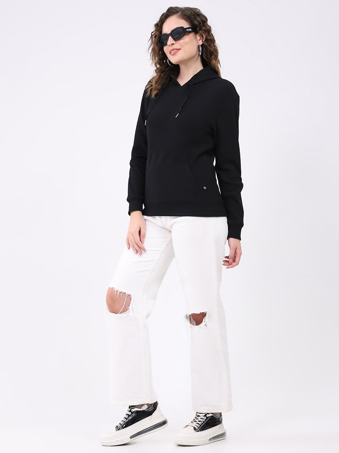 Women Black Printed Hooded Full Sleeve Winter Top