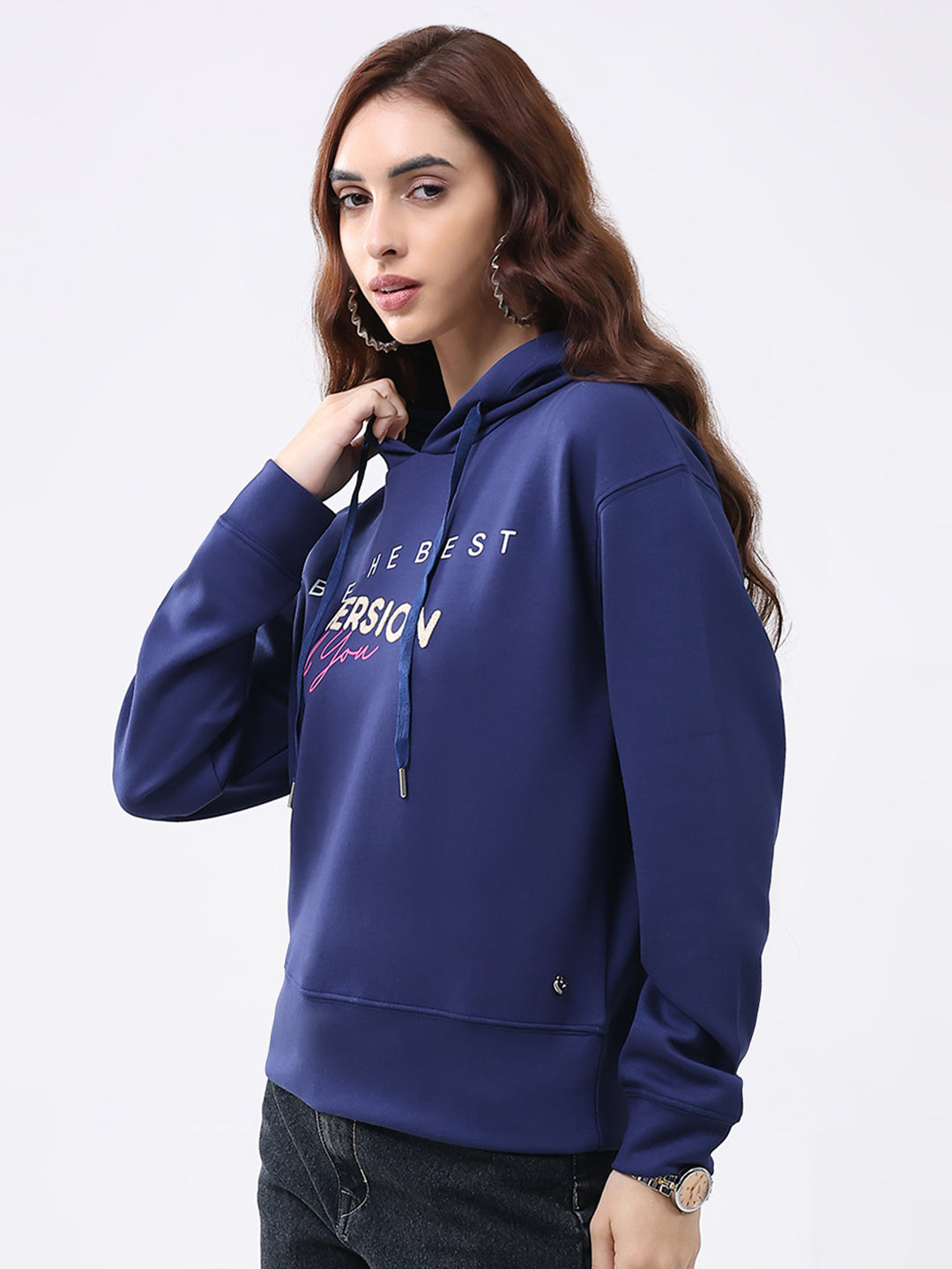 Women Navy Blue Printed Hooded Full Sleeve Winter Top