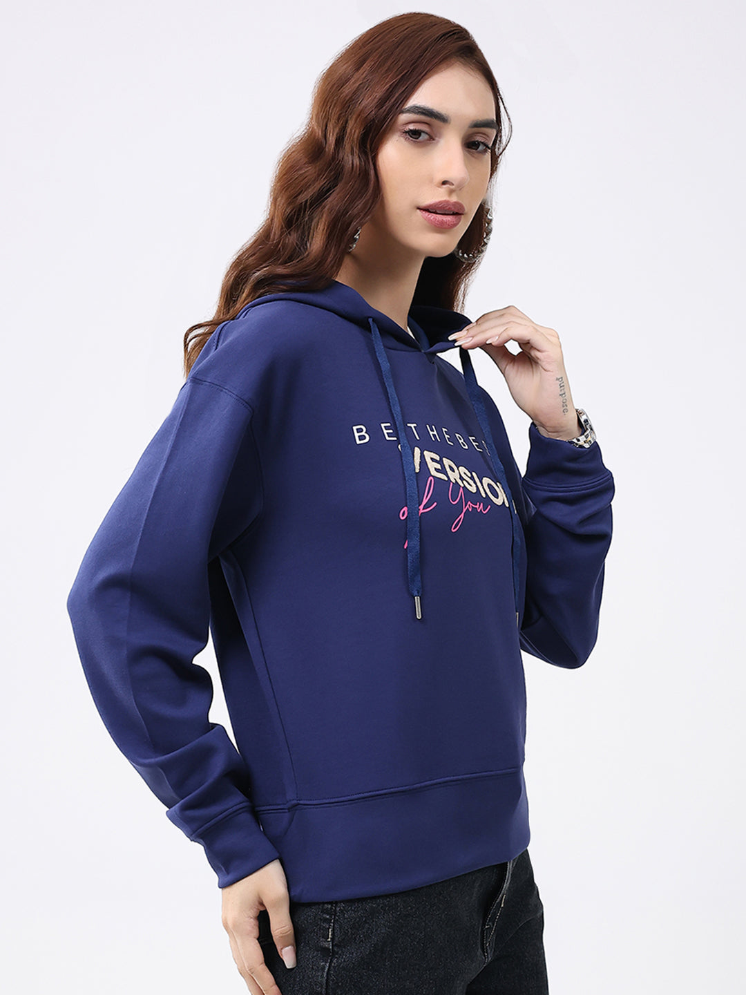 Women Navy Blue Printed Hooded Full Sleeve Winter Top