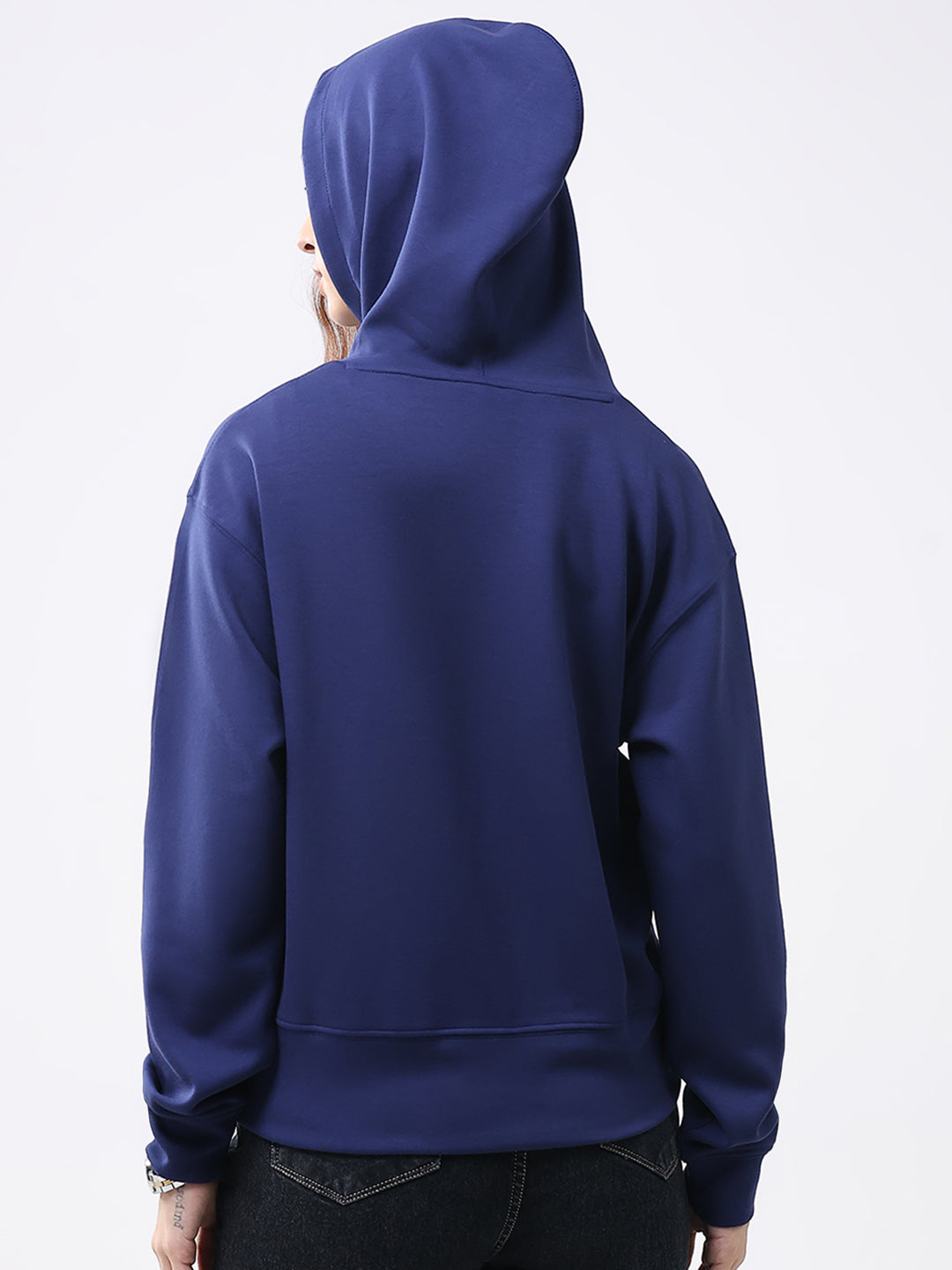 Women Navy Blue Printed Hooded Full Sleeve Winter Top