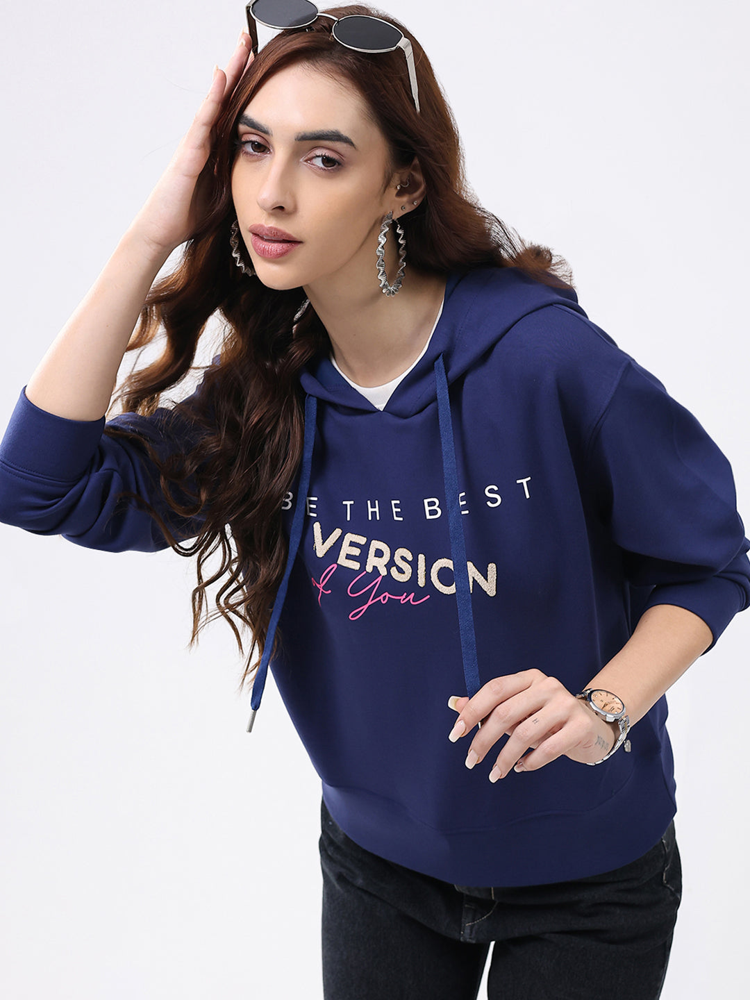 Women Navy Blue Printed Hooded Full Sleeve Winter Top