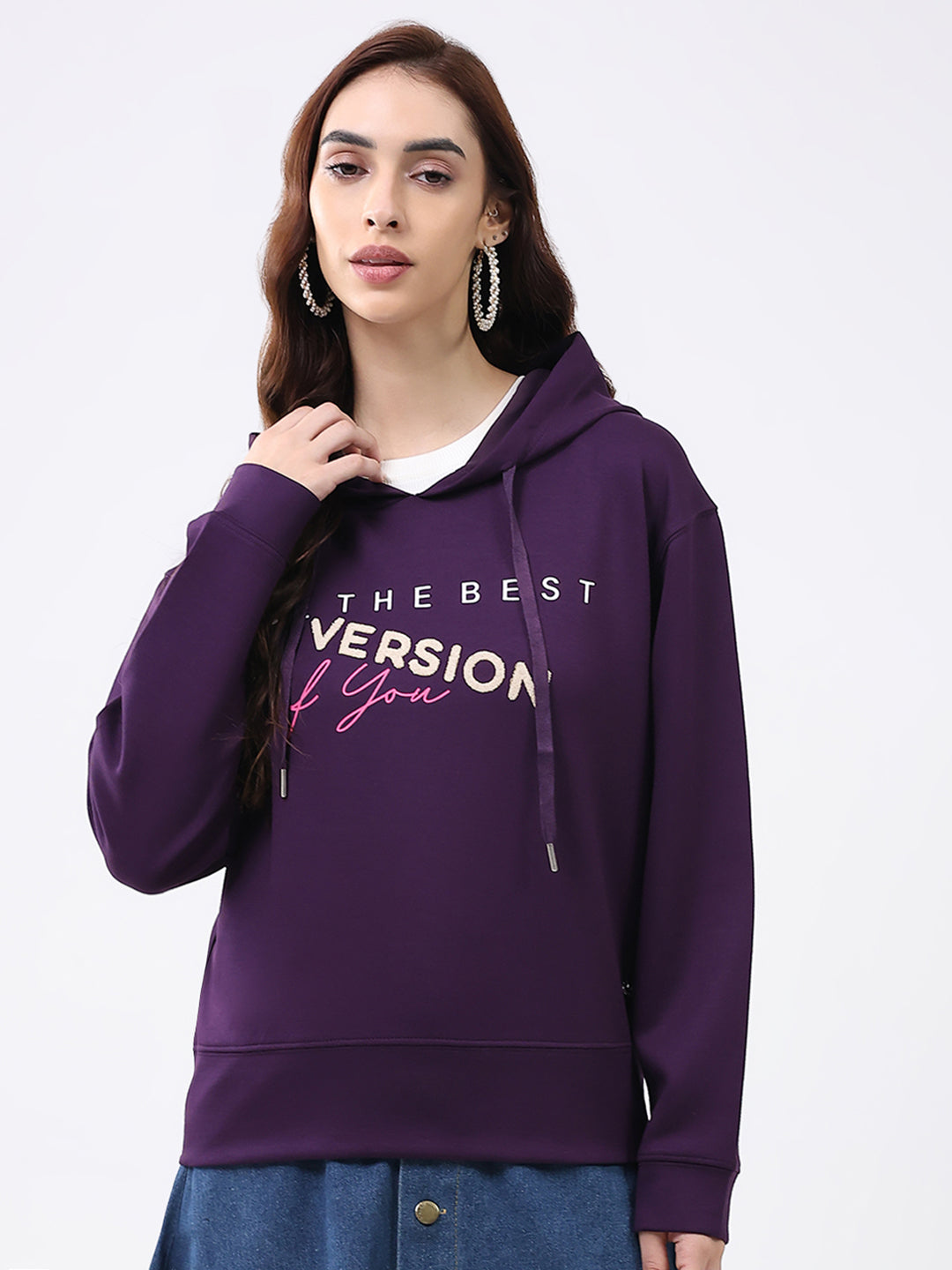 Women Purple Printed Hooded Full Sleeve Winter Top