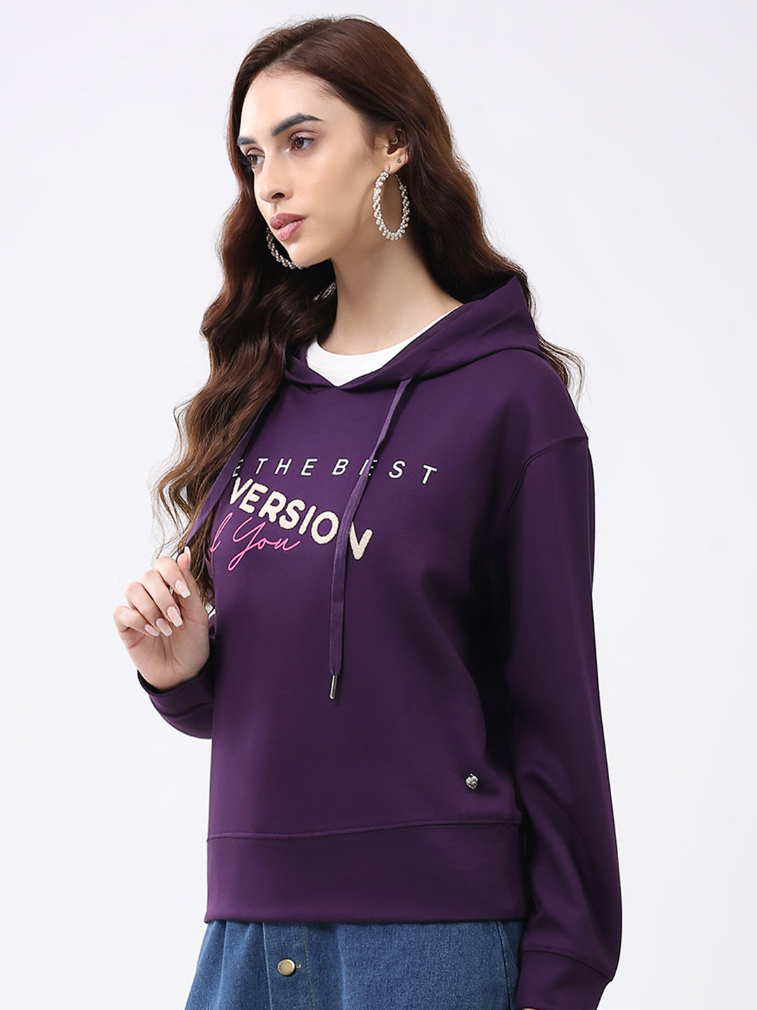 Women Purple Printed Hooded Full Sleeve Winter Top