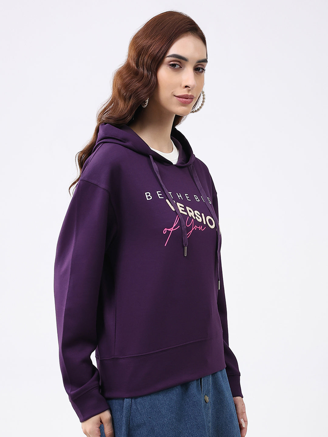 Women Purple Printed Hooded Full Sleeve Winter Top