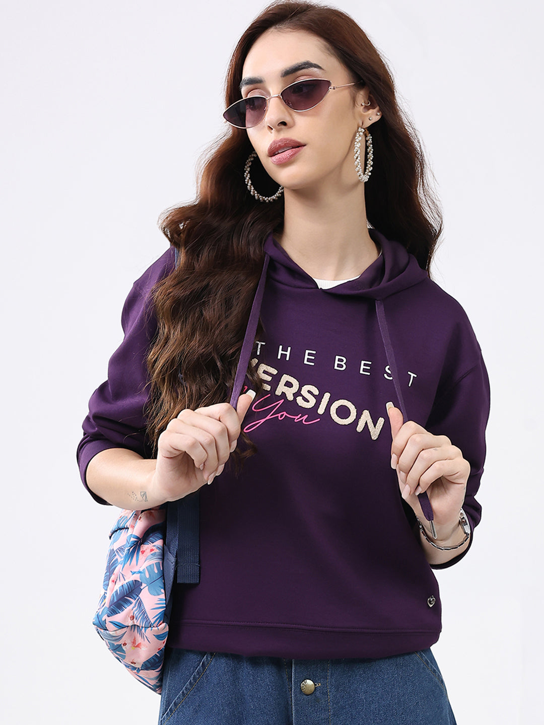 Women Purple Printed Hooded Full Sleeve Winter Top