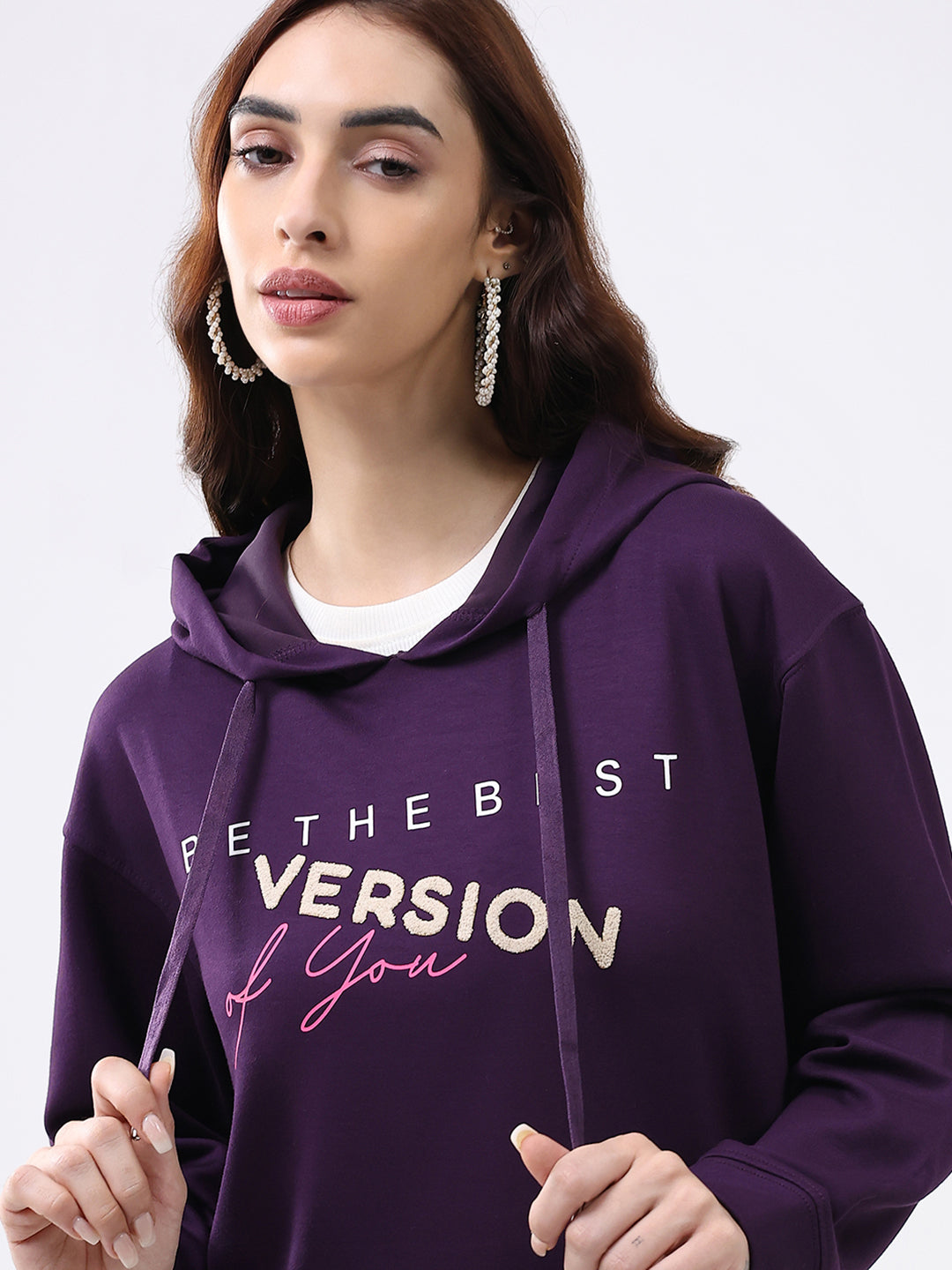 Women Purple Printed Hooded Full Sleeve Winter Top