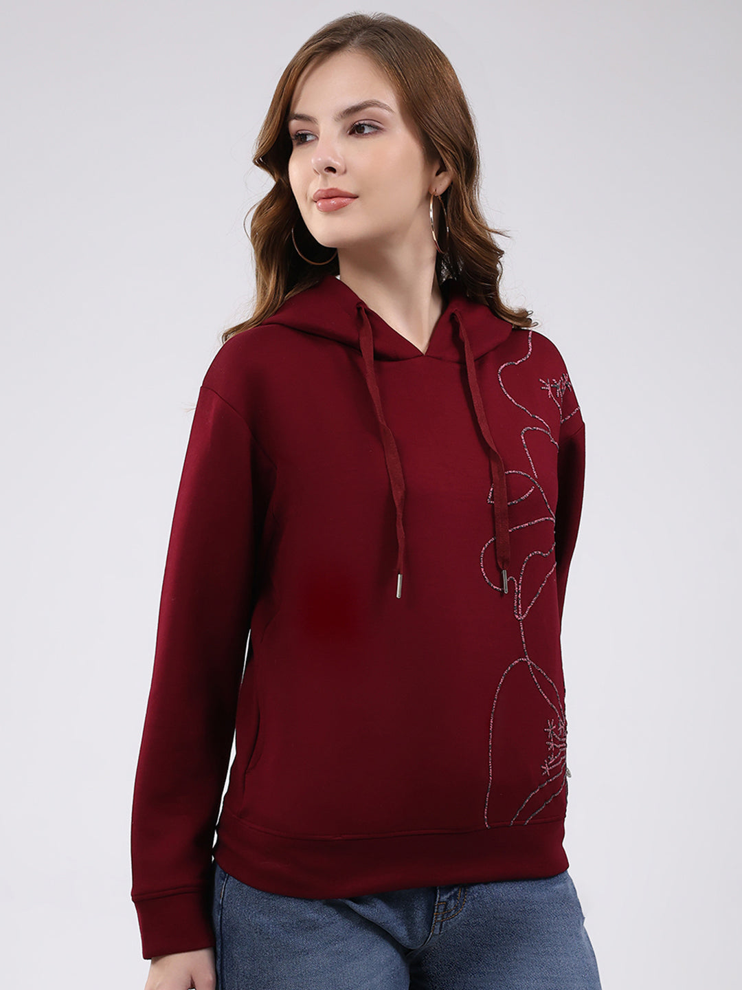 Women Maroon Printed Hooded Full Sleeve Winter Top