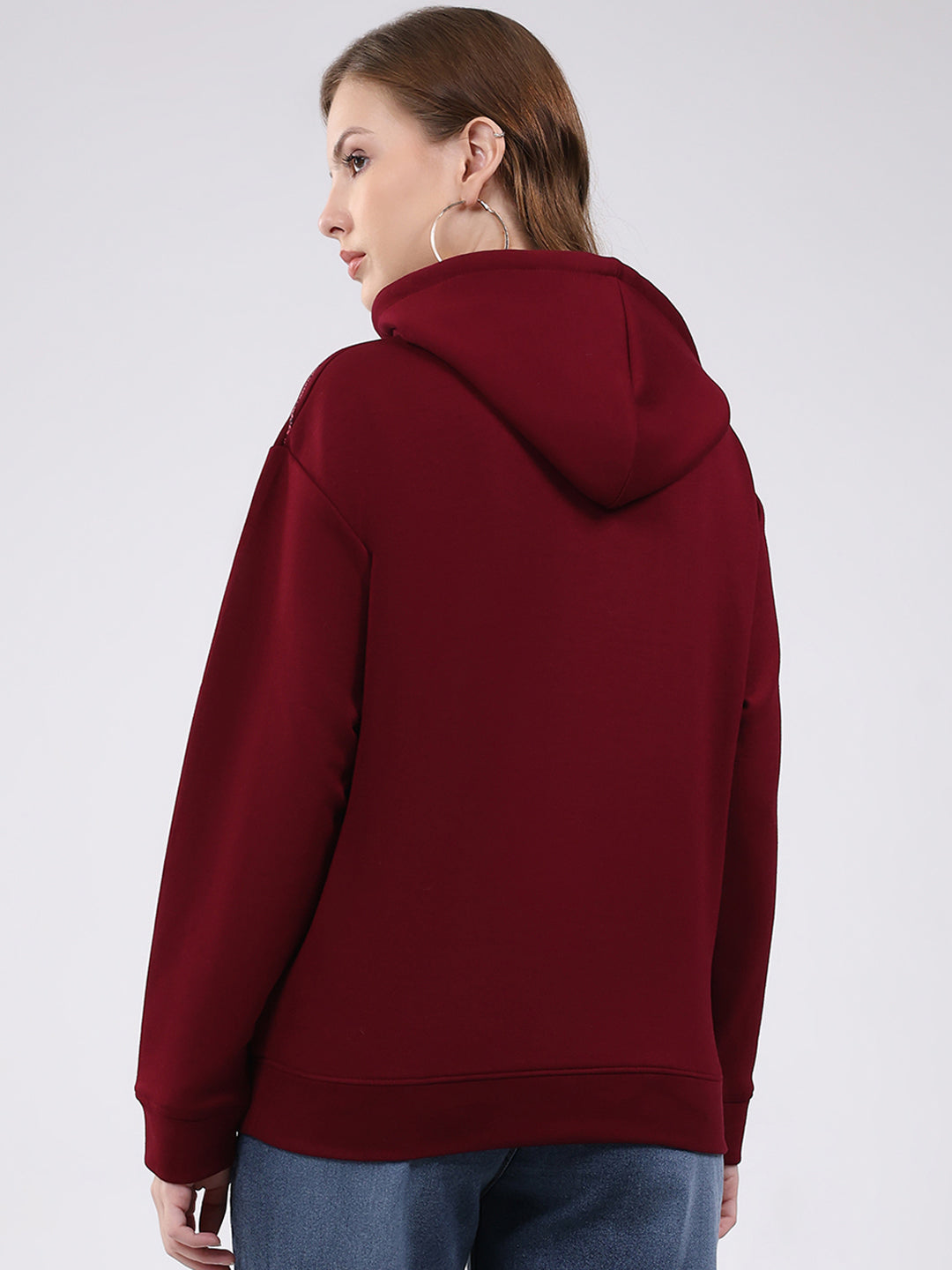 Women Maroon Printed Hooded Full Sleeve Winter Top