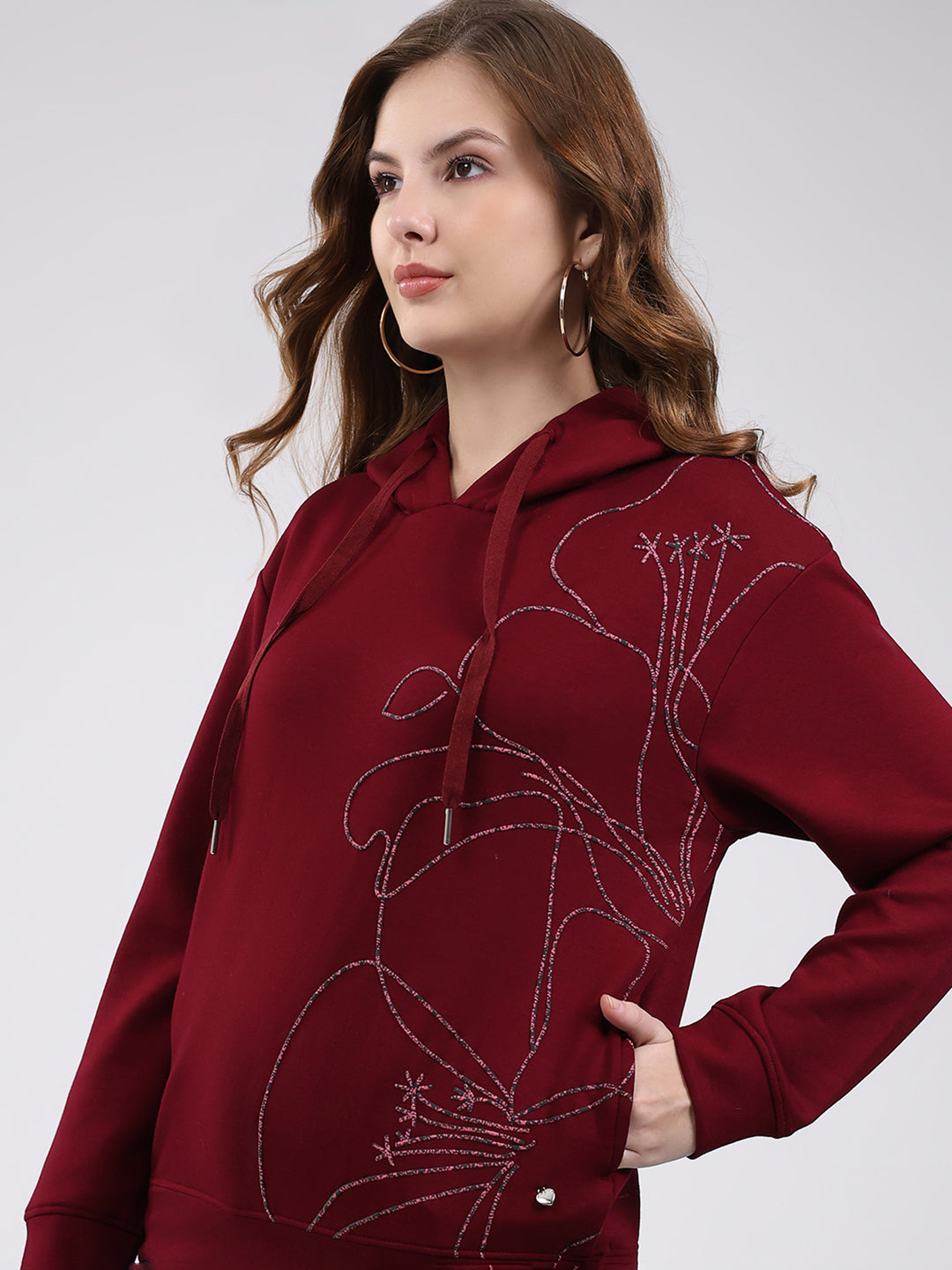 Women Maroon Printed Hooded Full Sleeve Winter Top
