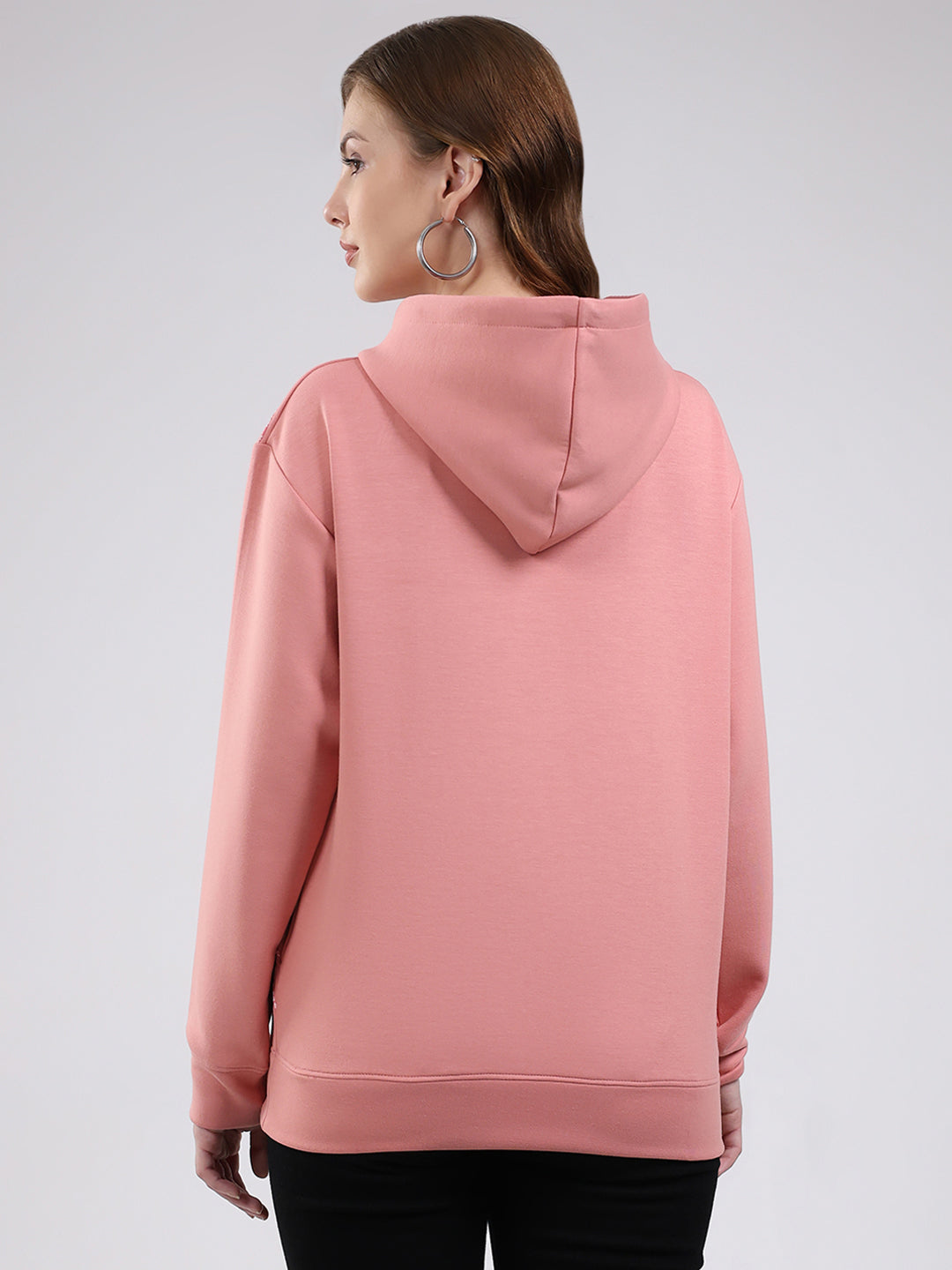 Women Peach Printed Hooded Full Sleeve Winter Top