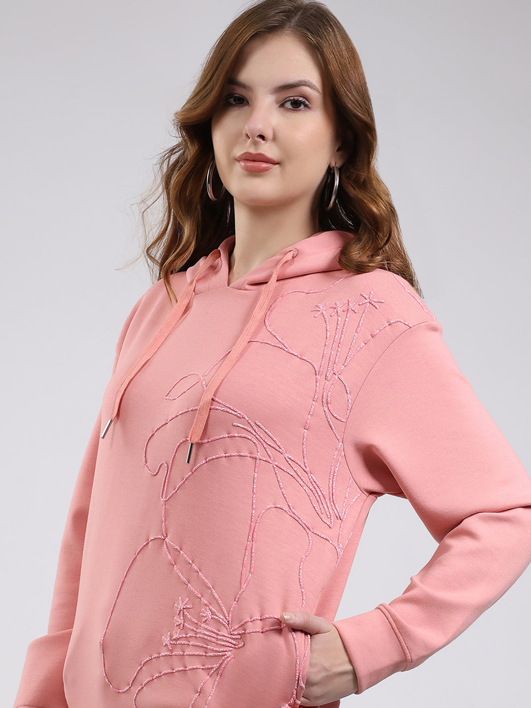 Women Peach Printed Hooded Full Sleeve Winter Top