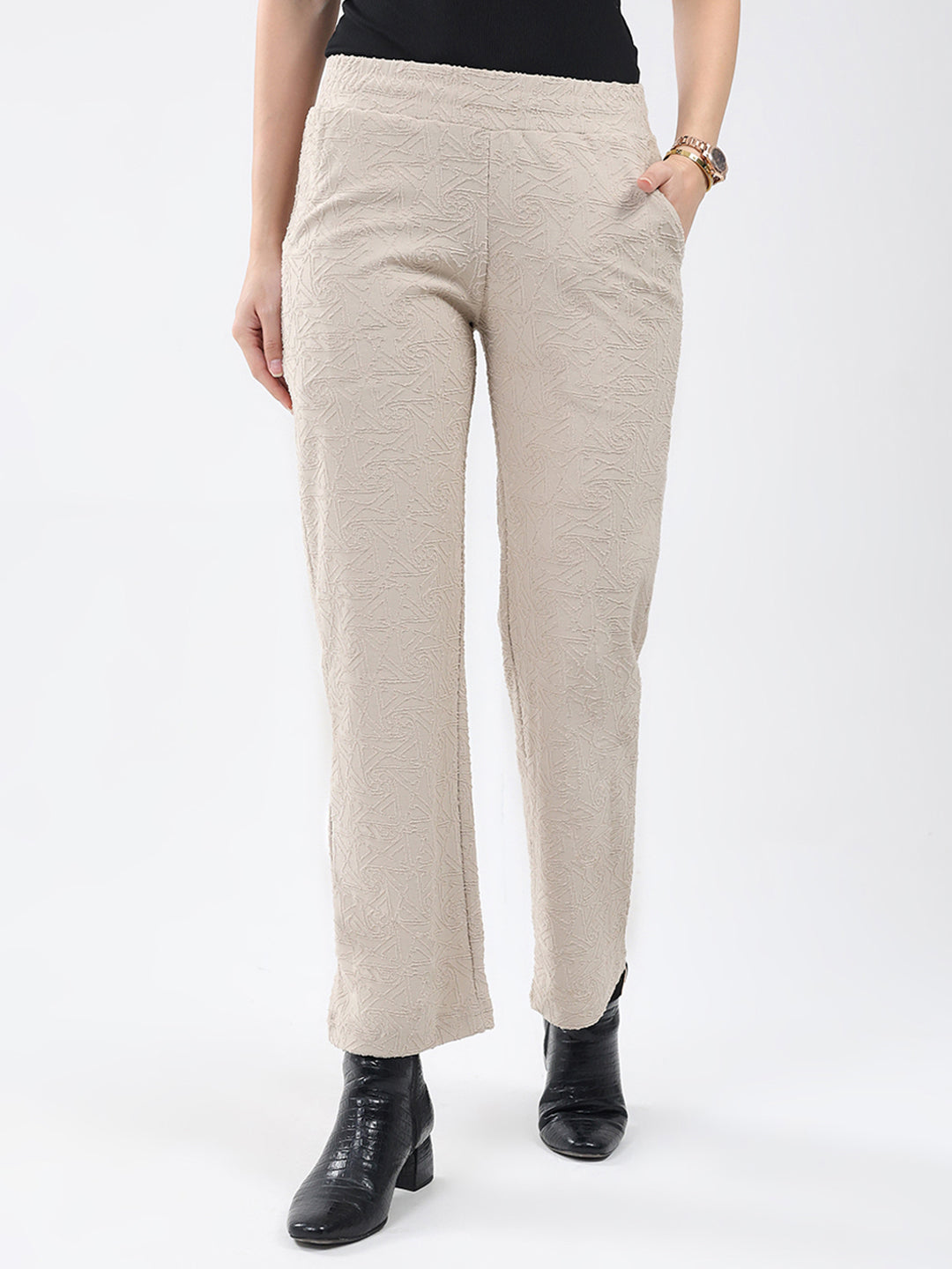 Women Beige Self Design Regular Fit Winter Lower