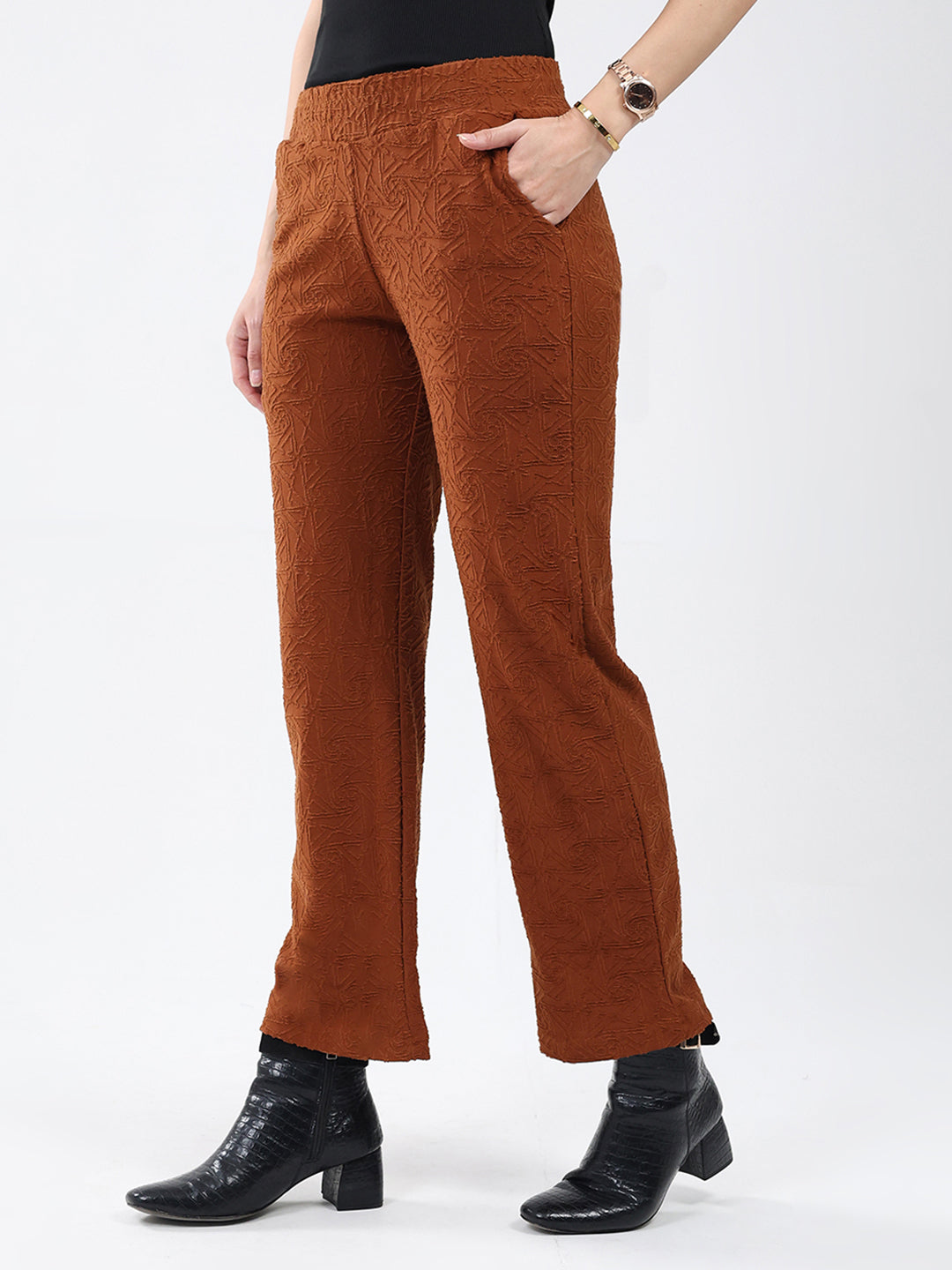 Women Rust Self Design Regular Fit Winter Lower