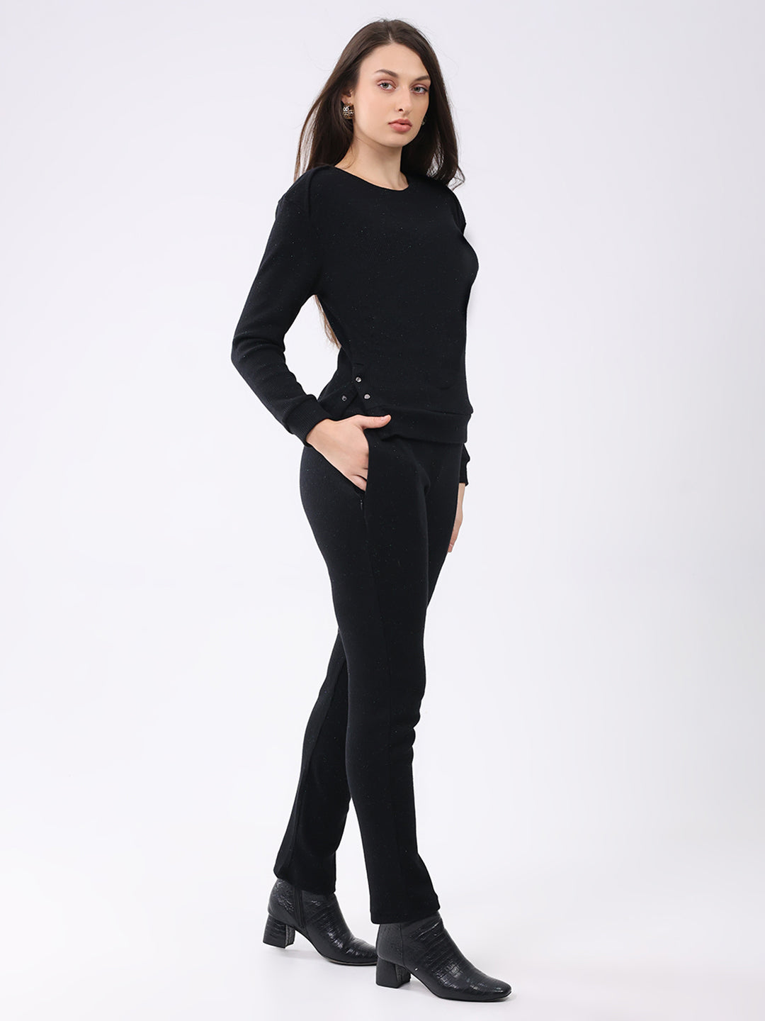 Women Black Self Design Round Neck Full Sleeve Cords Set