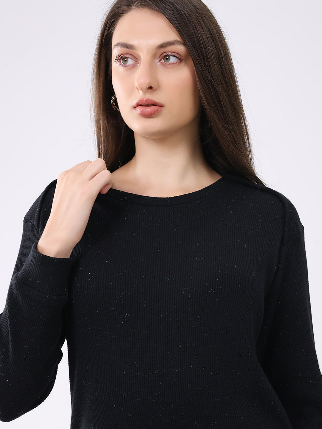 Women Black Self Design Round Neck Full Sleeve Cords Set