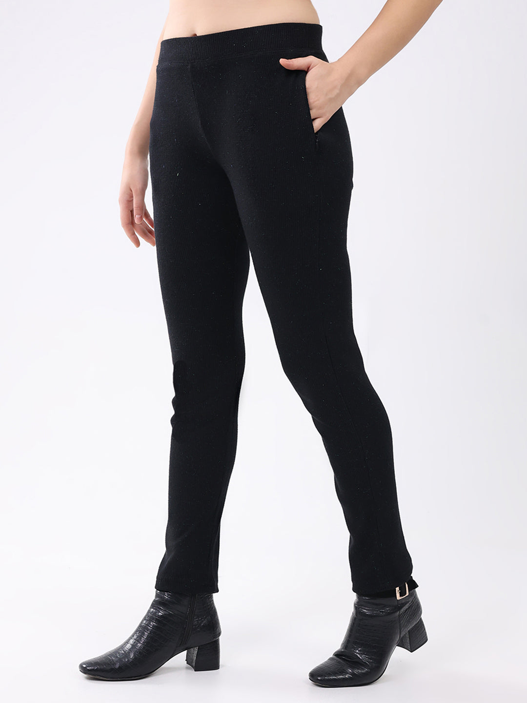 Women Black Self Design Round Neck Full Sleeve Cords Set