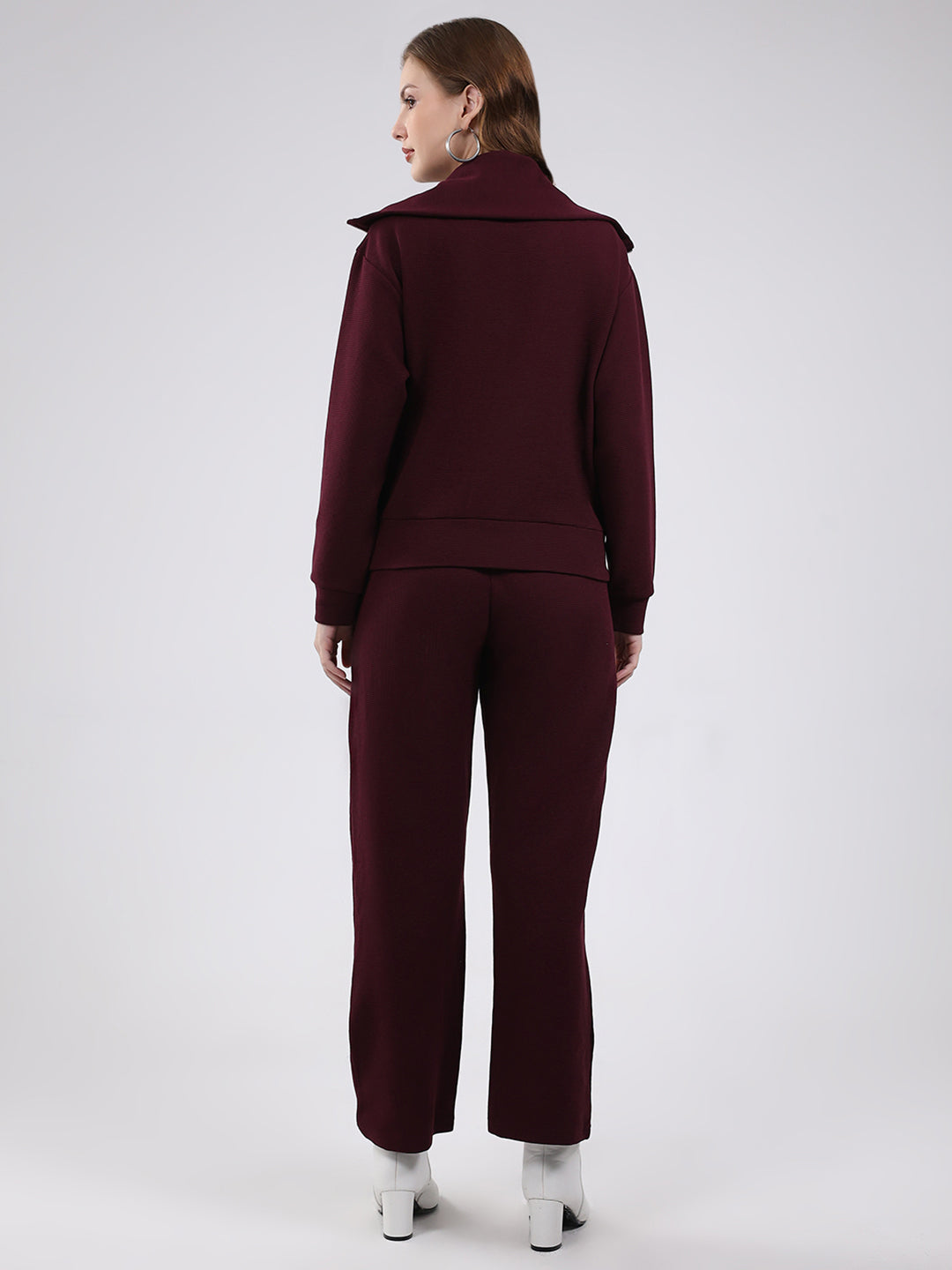 Women Burgundy Solid Collar Full Sleeve Cords Set