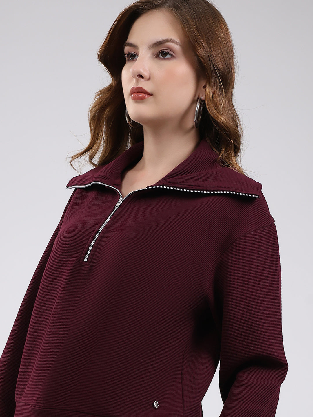 Women Burgundy Solid Collar Full Sleeve Cords Set