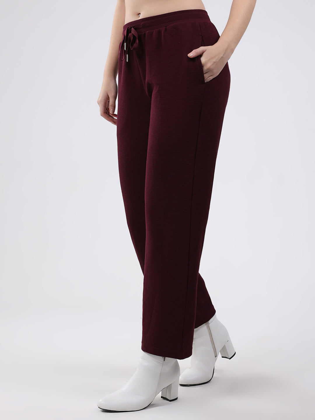 Women Burgundy Solid Collar Full Sleeve Cords Set