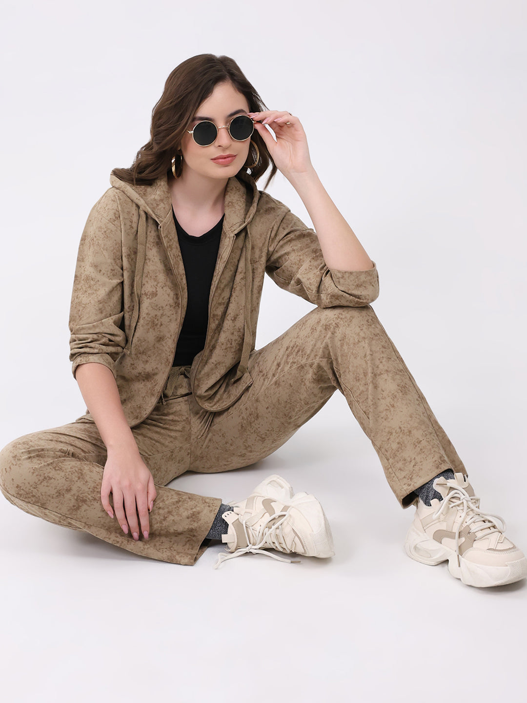 Women Beige Printed Hooded Full Sleeve Cords Set