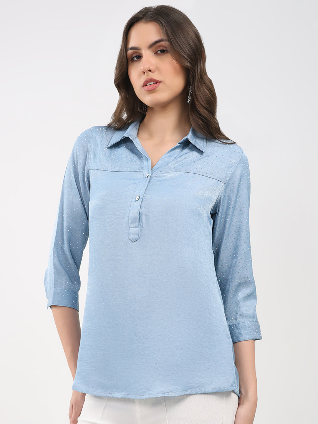 Women Blue Printed Collar 3/4th Sleeve Winter Top