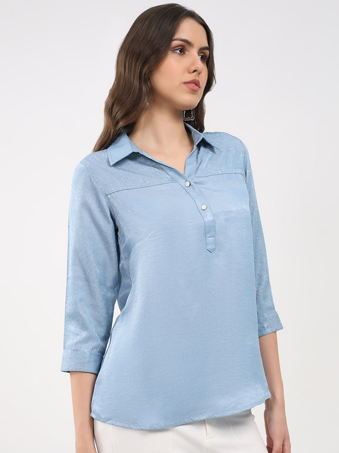 Women Blue Printed Collar 3/4th Sleeve Winter Top