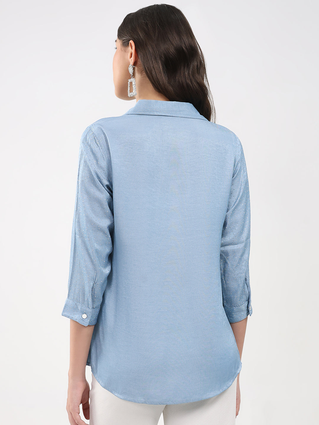 Women Blue Printed Collar 3/4th Sleeve Winter Top