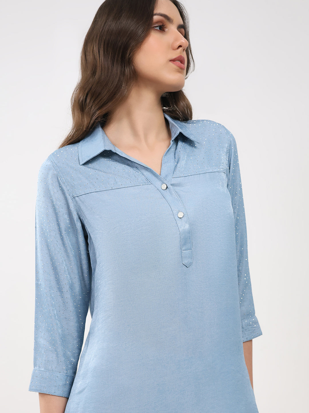 Women Blue Printed Collar 3/4th Sleeve Winter Top