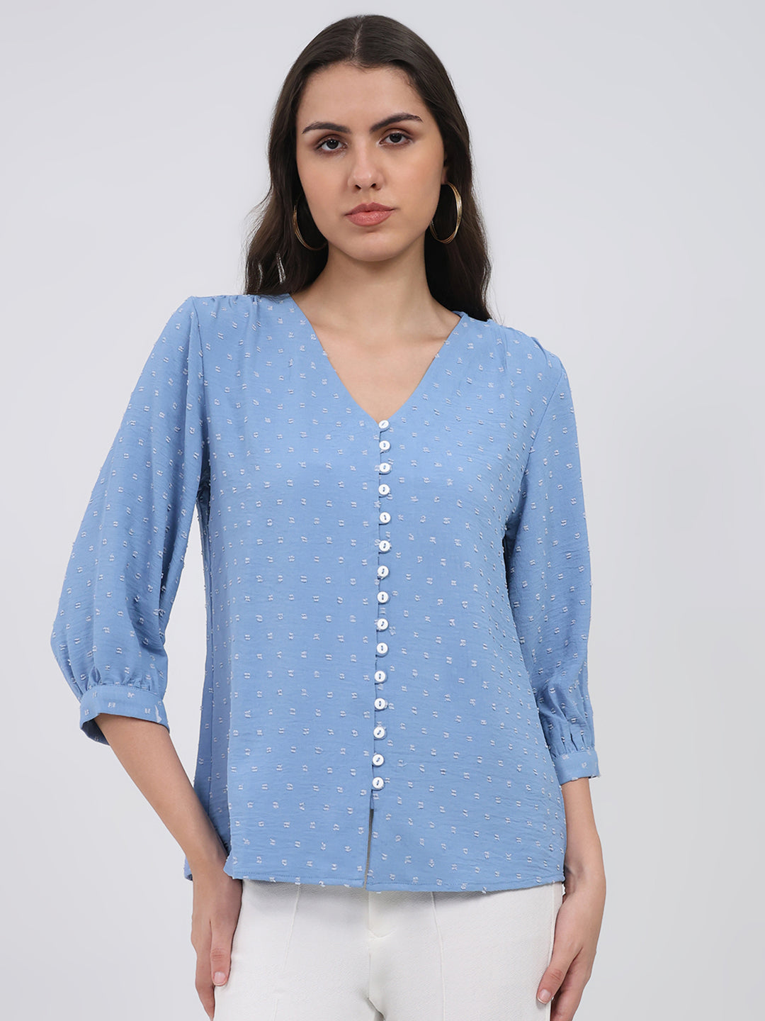 Women Blue Printed Front Open 3/4th Sleeve Winter Top
