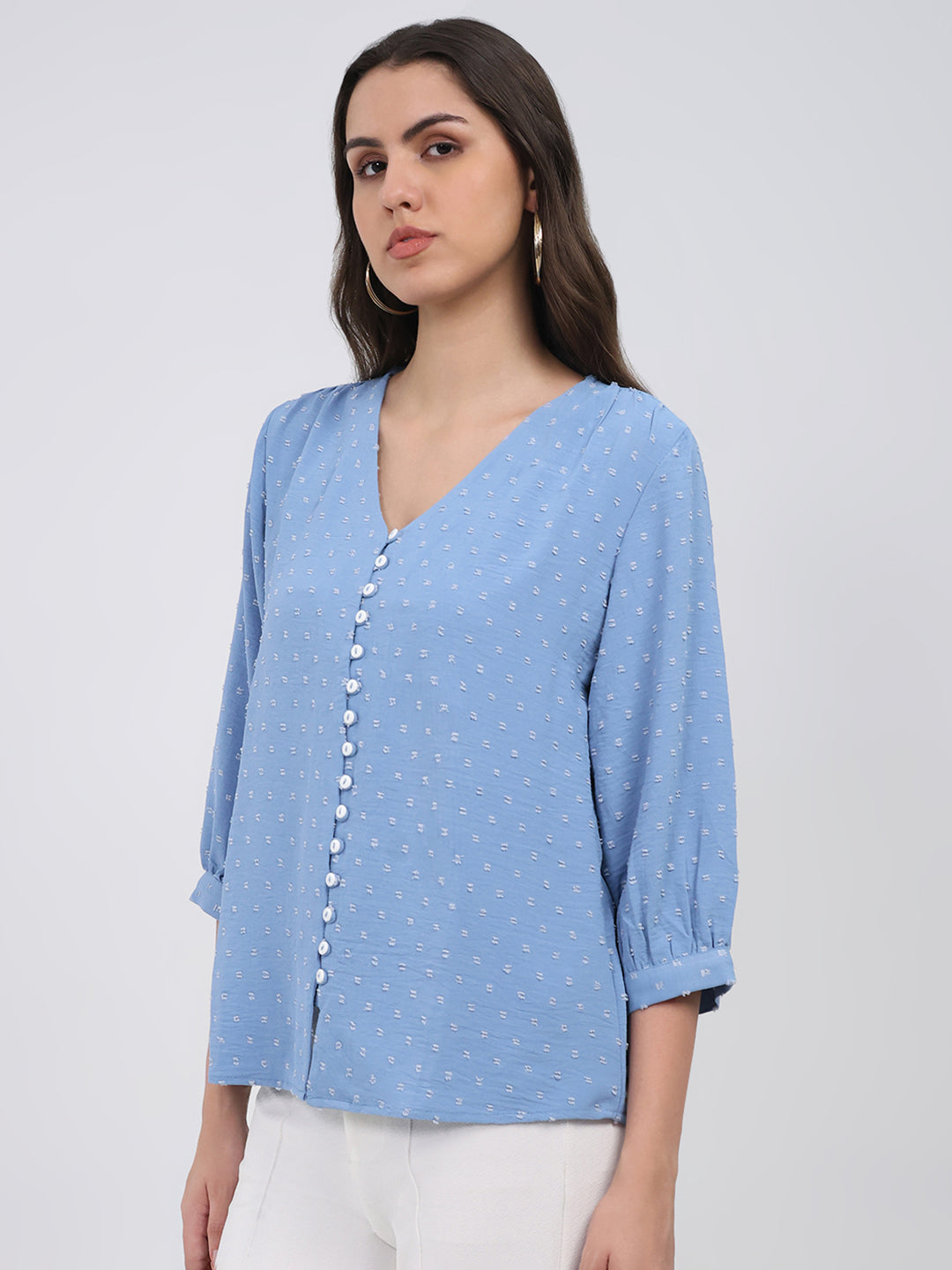 Women Blue Printed Front Open 3/4th Sleeve Winter Top