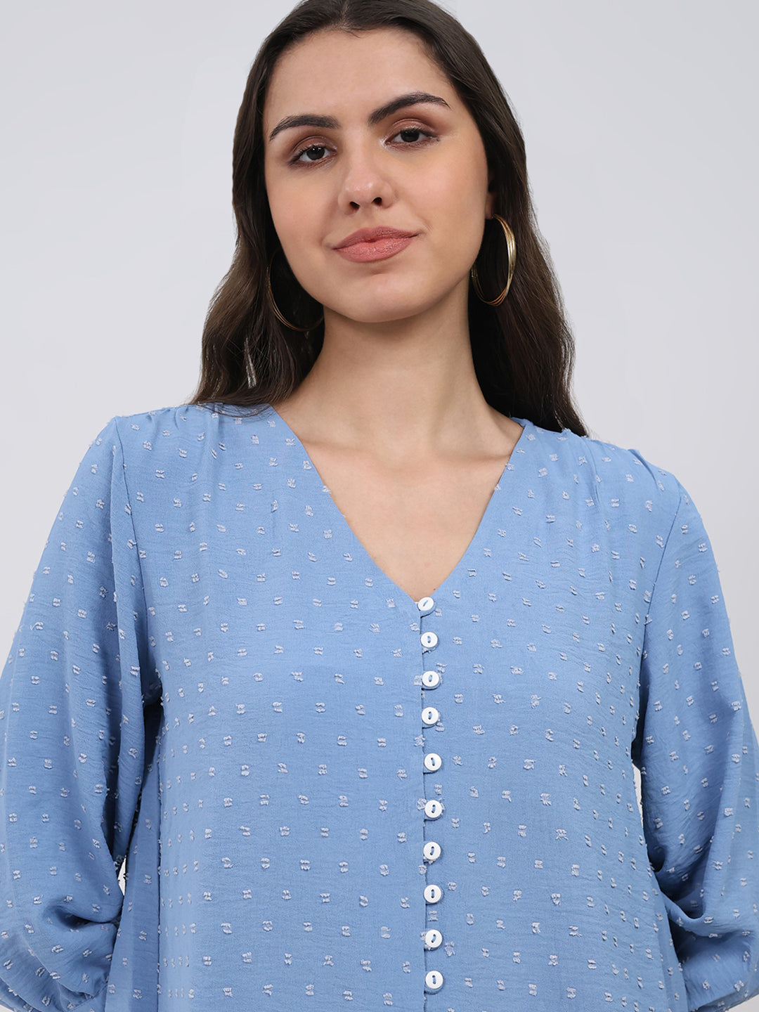 Women Blue Printed Front Open 3/4th Sleeve Winter Top