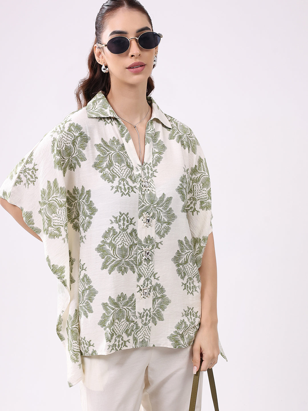 Women Cream Printed Collar 3/4th Sleeve Cords Set