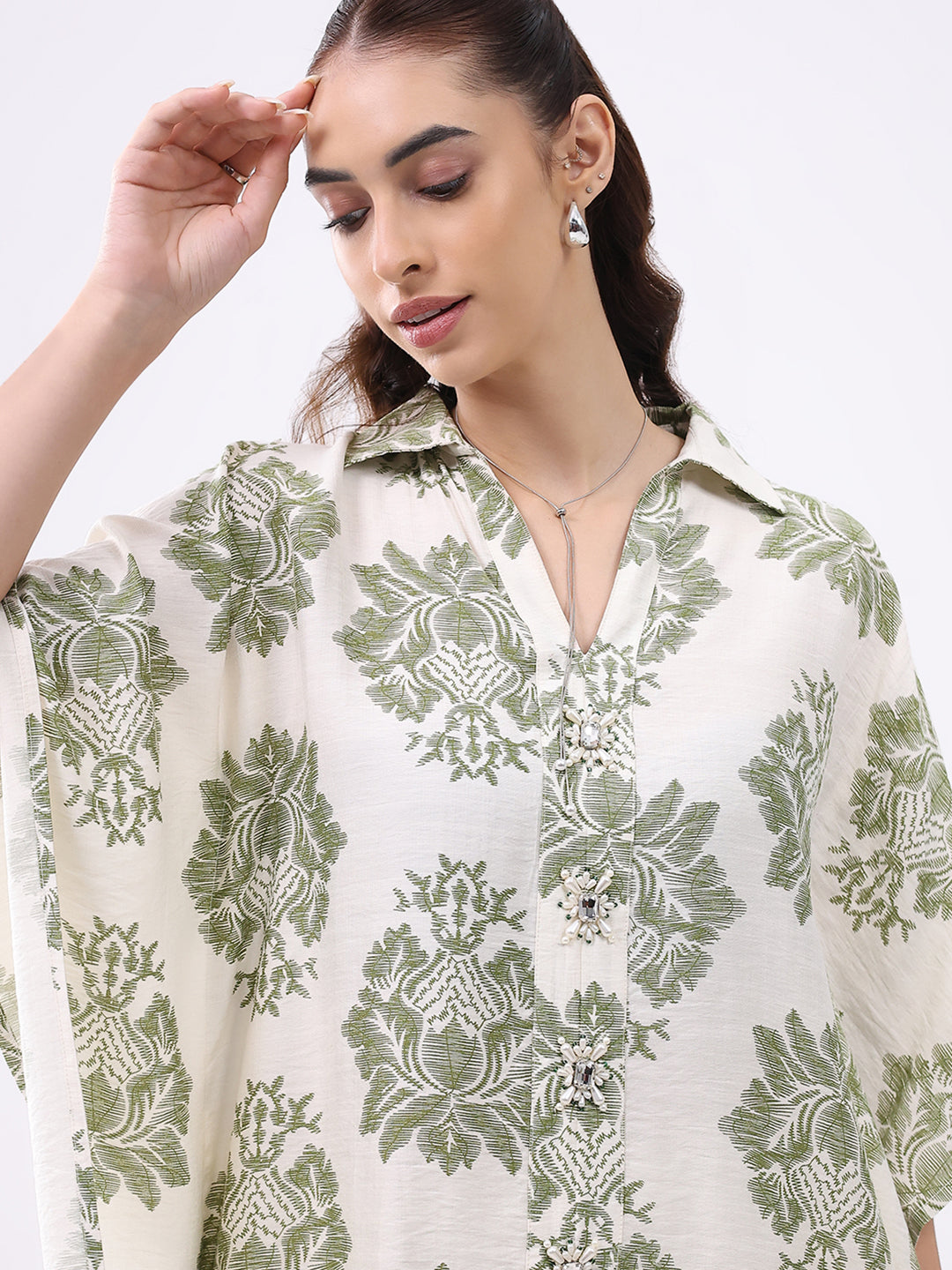 Women Cream Printed Collar Neck Cords Set