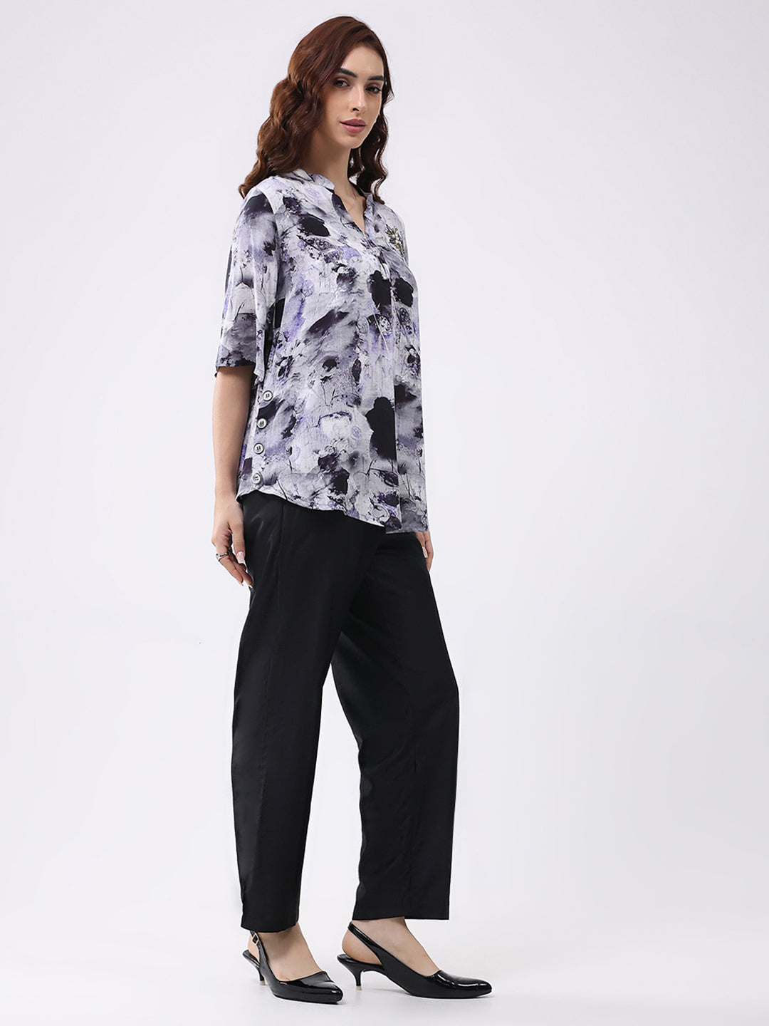 Women Purple Printed Band Neck 3/4th Sleeve Cords Set