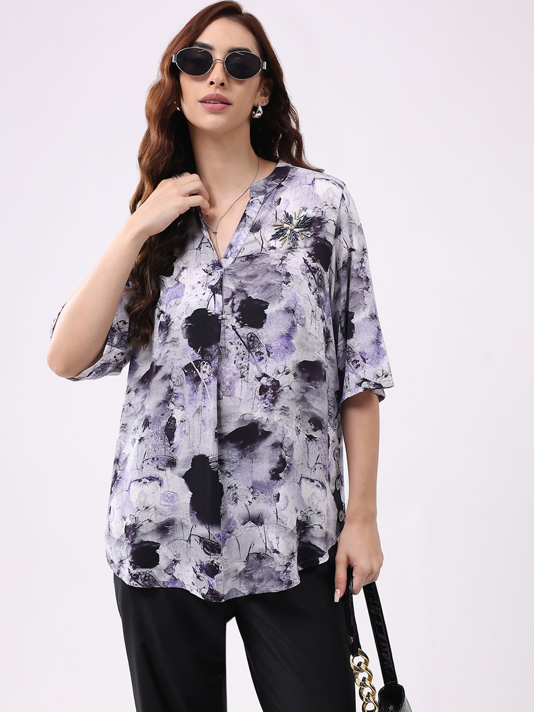 Women Purple Printed Band Neck 3/4th Sleeve Cords Set