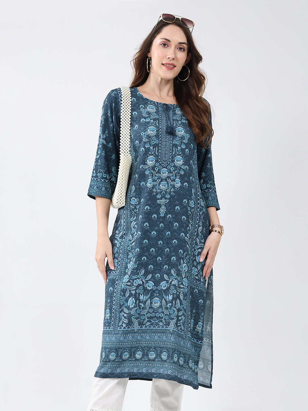 Women Teal Blue Printed Round Neck 3/4th Sleeve Winter Kurti