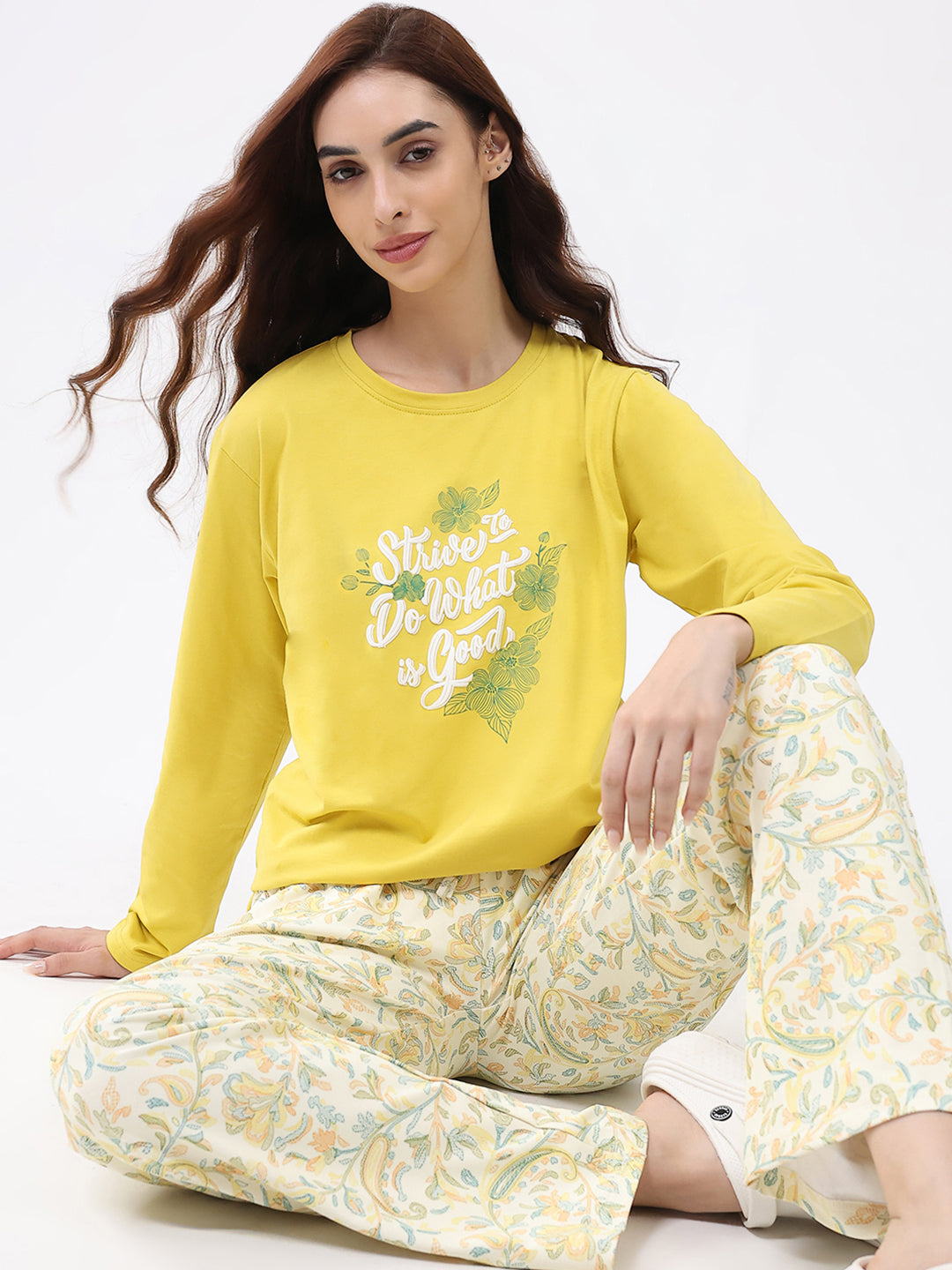 Women Yellow Printed Round Neck Full Sleeve Lower Set