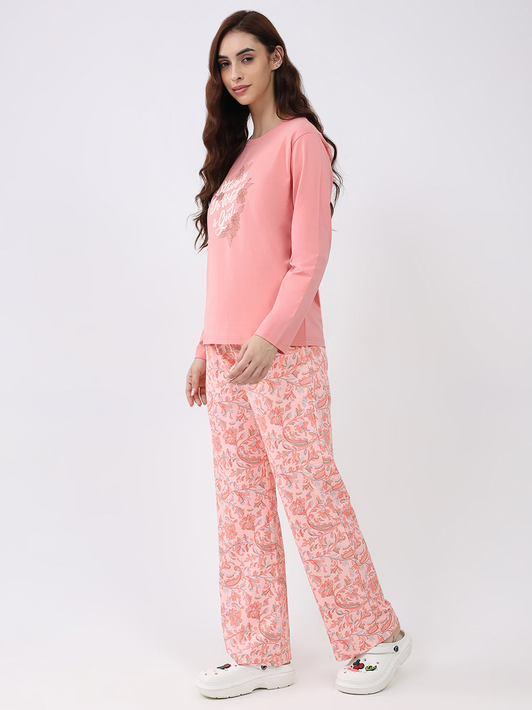 Women Peach Printed Round Neck Full Sleeve Lower Set