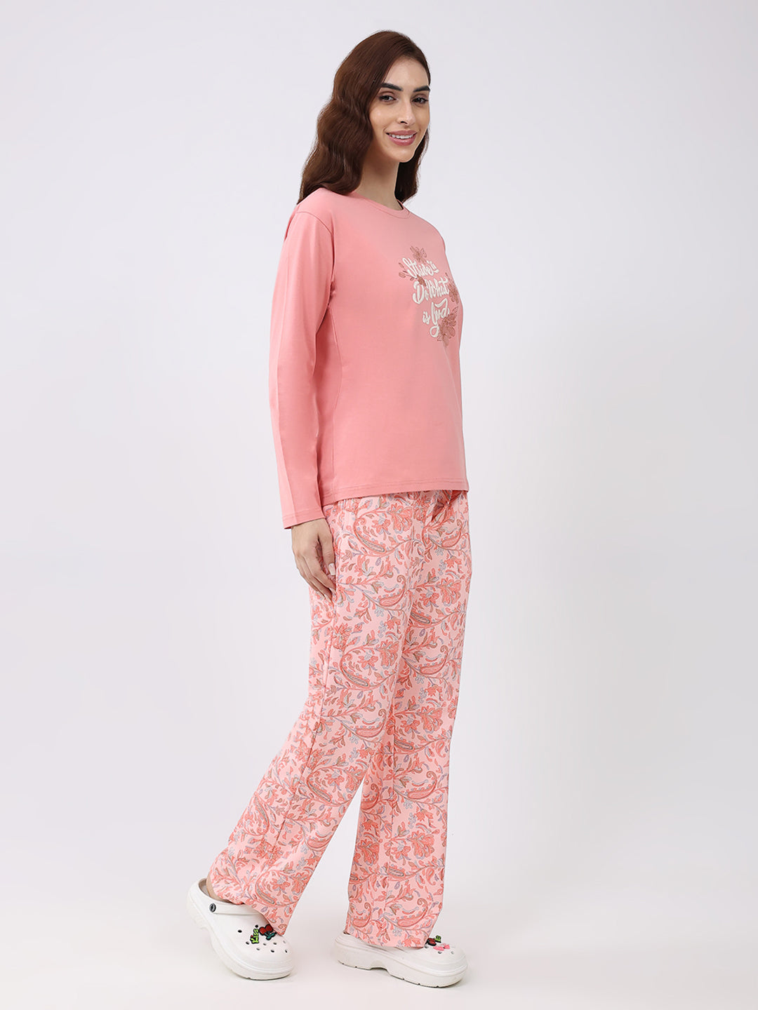 Women Peach Printed Round Neck Full Sleeve Lower Set