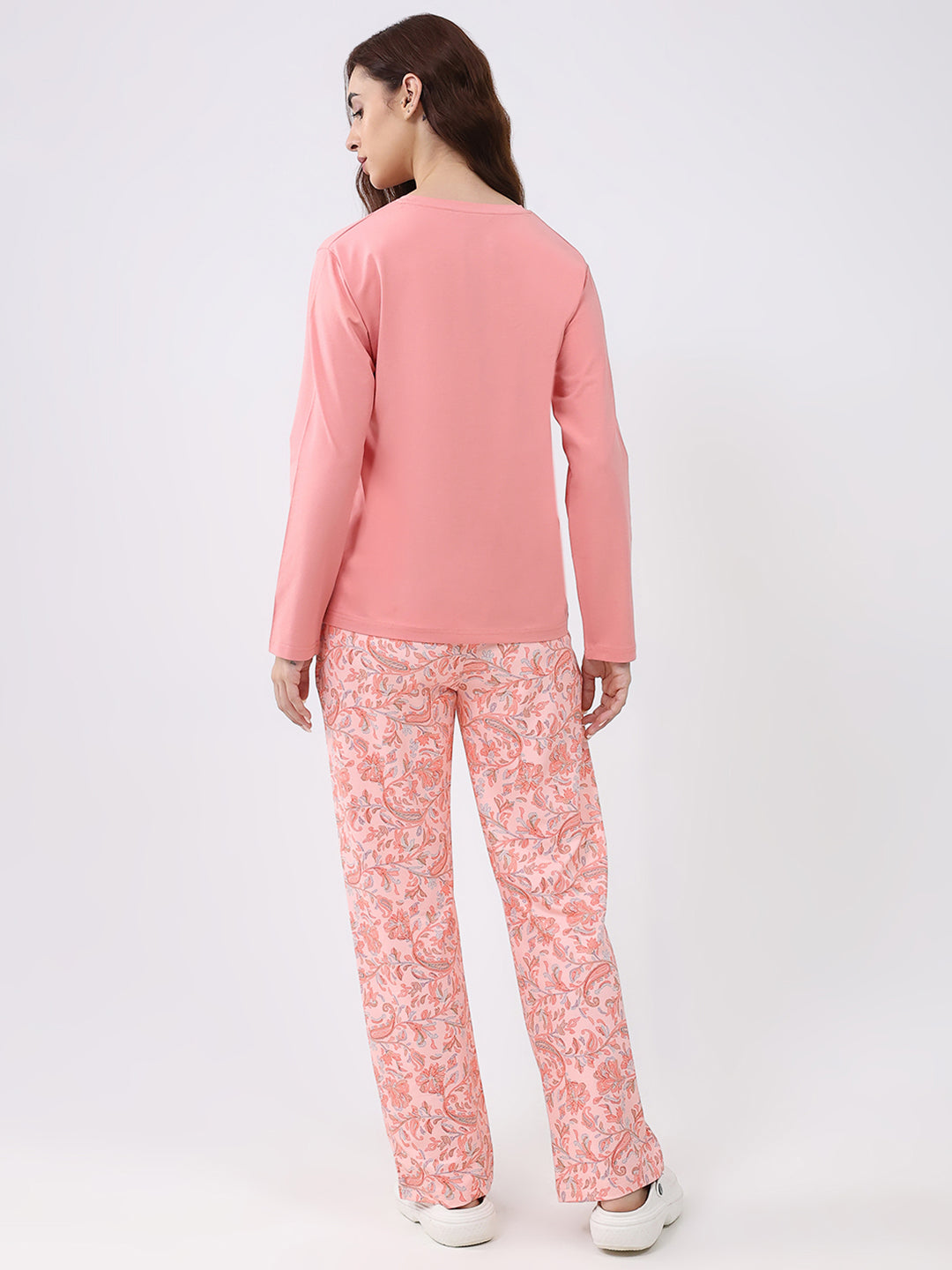 Women Peach Printed Round Neck Full Sleeve Lower Set