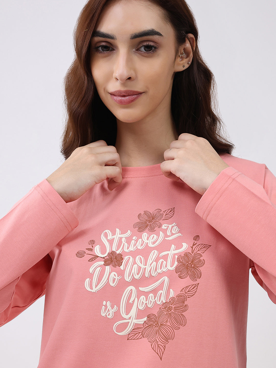 Women Peach Printed Round Neck Full Sleeve Lower Set